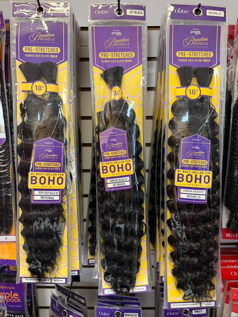 Outre Purple Pack Brazilian Bundle pre-stretched boho human hair blend bulk 18 inch in natural and jet black on display